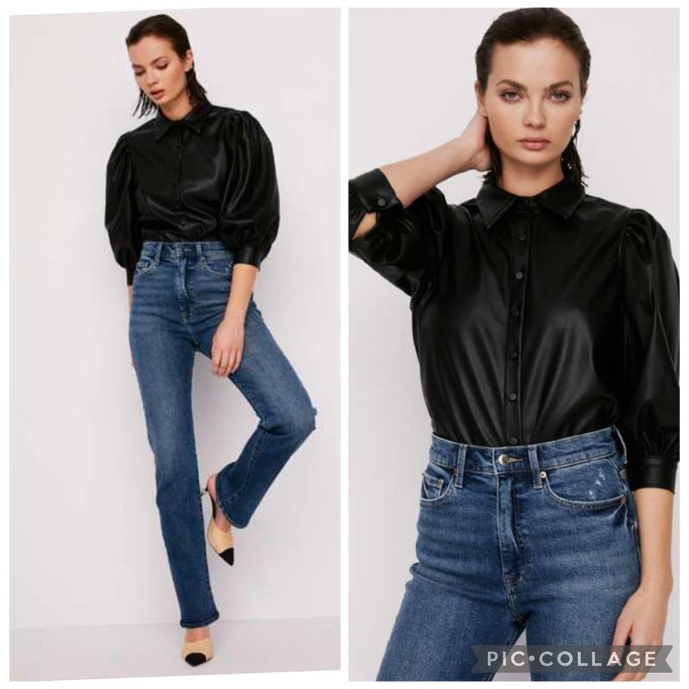 Pistola Adina Black Puff Sleeve Black Faux Leather Blouse Size S